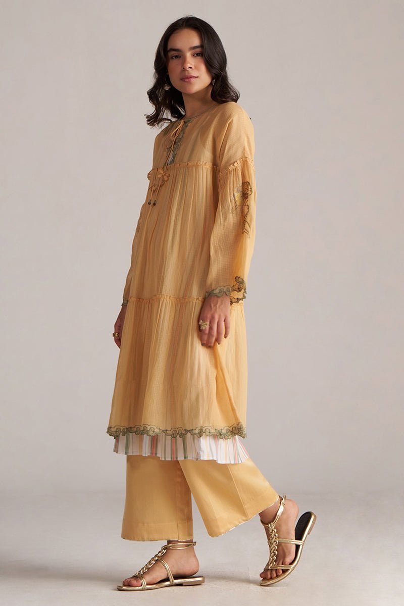 Apricot Cream Kota Silk Tiered Kurta Co-ord Set