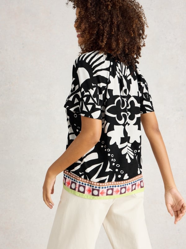Navy Printed V-Neck Short Sleeve Top