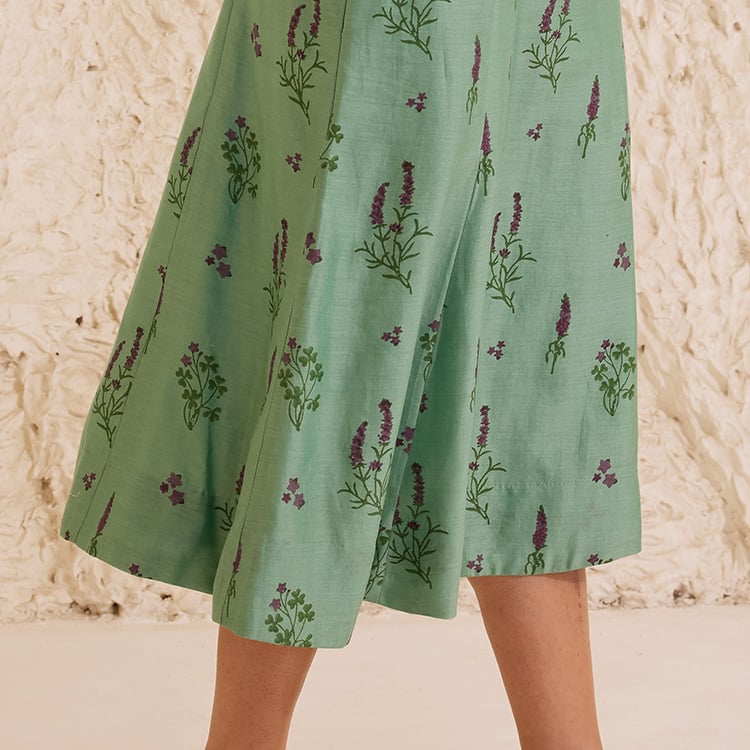 Teal Floral Block Print Chanderi Bustier Midi Dress