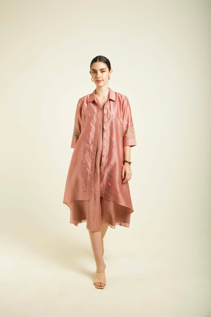 Almond Pink Chanderi Jacket Dress Set — Arcvsh Pallavi Singh