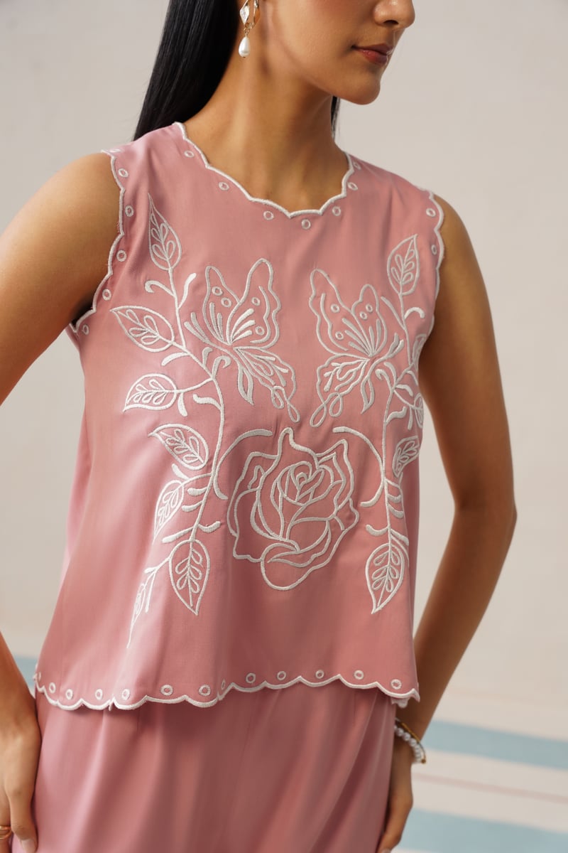 Pink Embroidered Sleeveless Top and Wide-Leg Co-ord Set