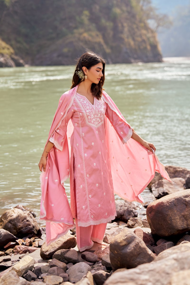 Pink Pure Cotton Embroidered Kurta Set with Dupatta