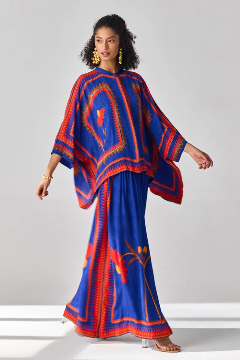 Blue Printed Cape Top and Wide-Leg Pants Co-ord Set