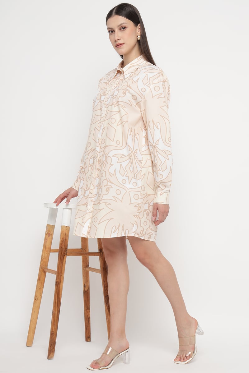 PALMA BEIG Printed Mini Shirt Dress with Button Front