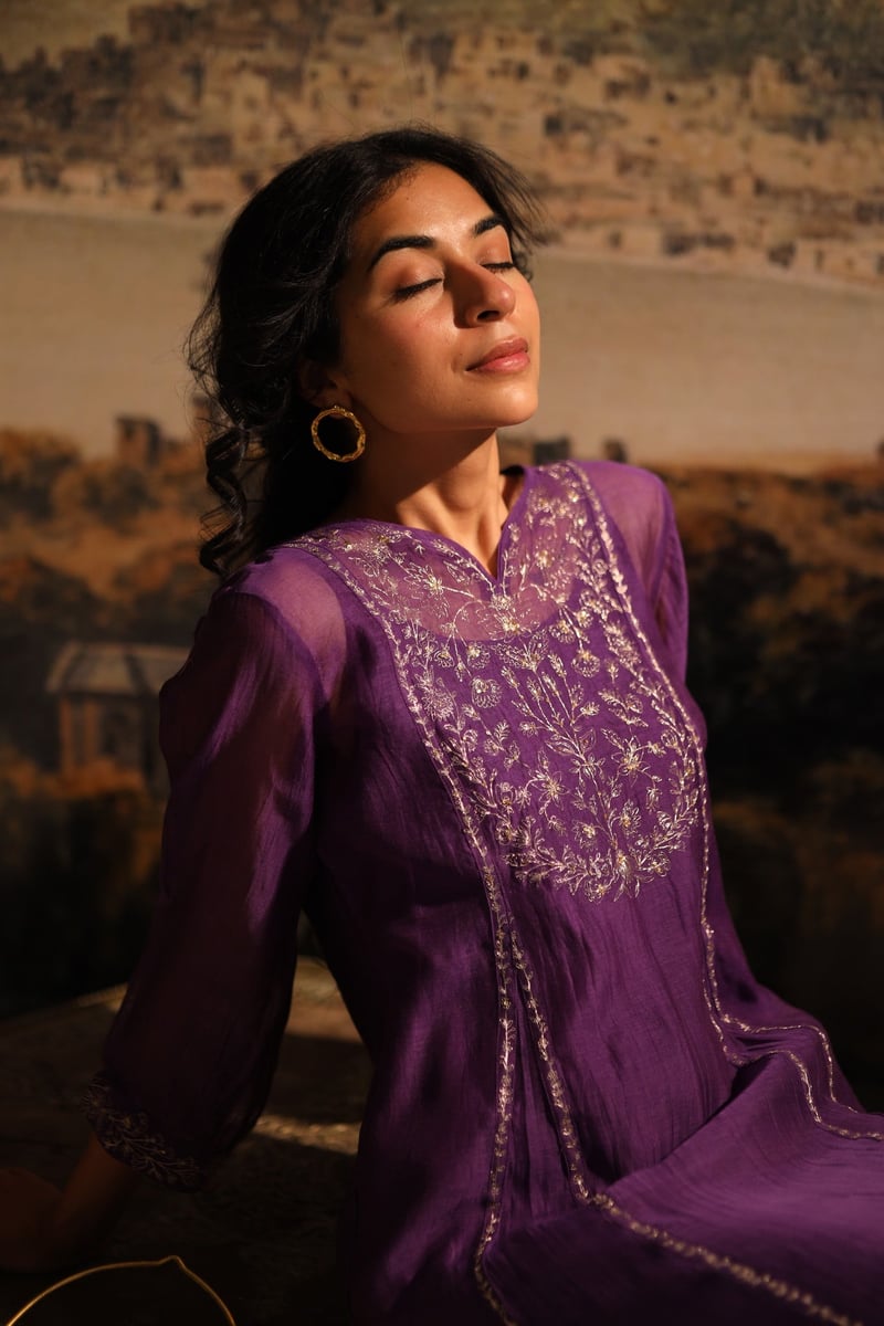 Purple Chanderi Embroidered Kurta Set with Pants and Slip