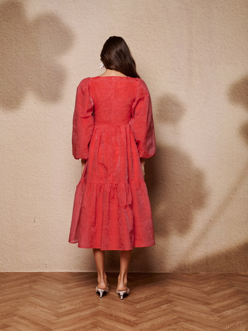 Red V-Neck Bow Detail Tiered Midi Dress