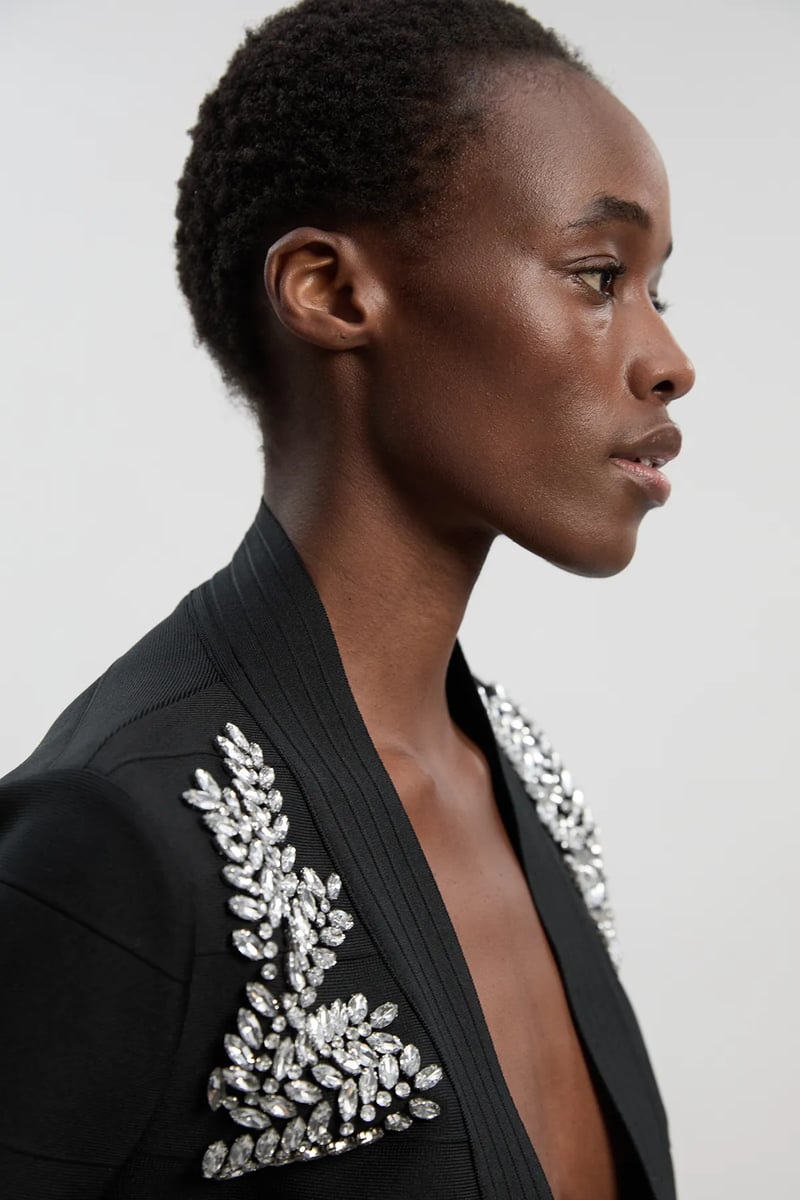 Black Cropped Lapel Jacket with Crystal Shoulder Embellishment