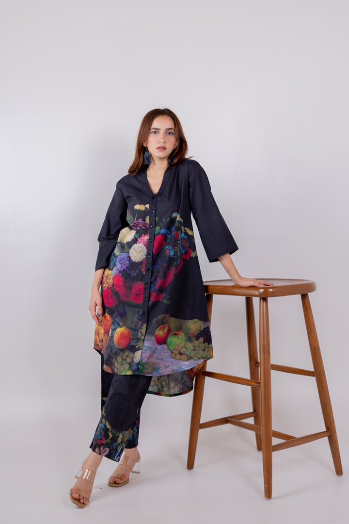 Black Printed Cambric Tunic and Pants Set