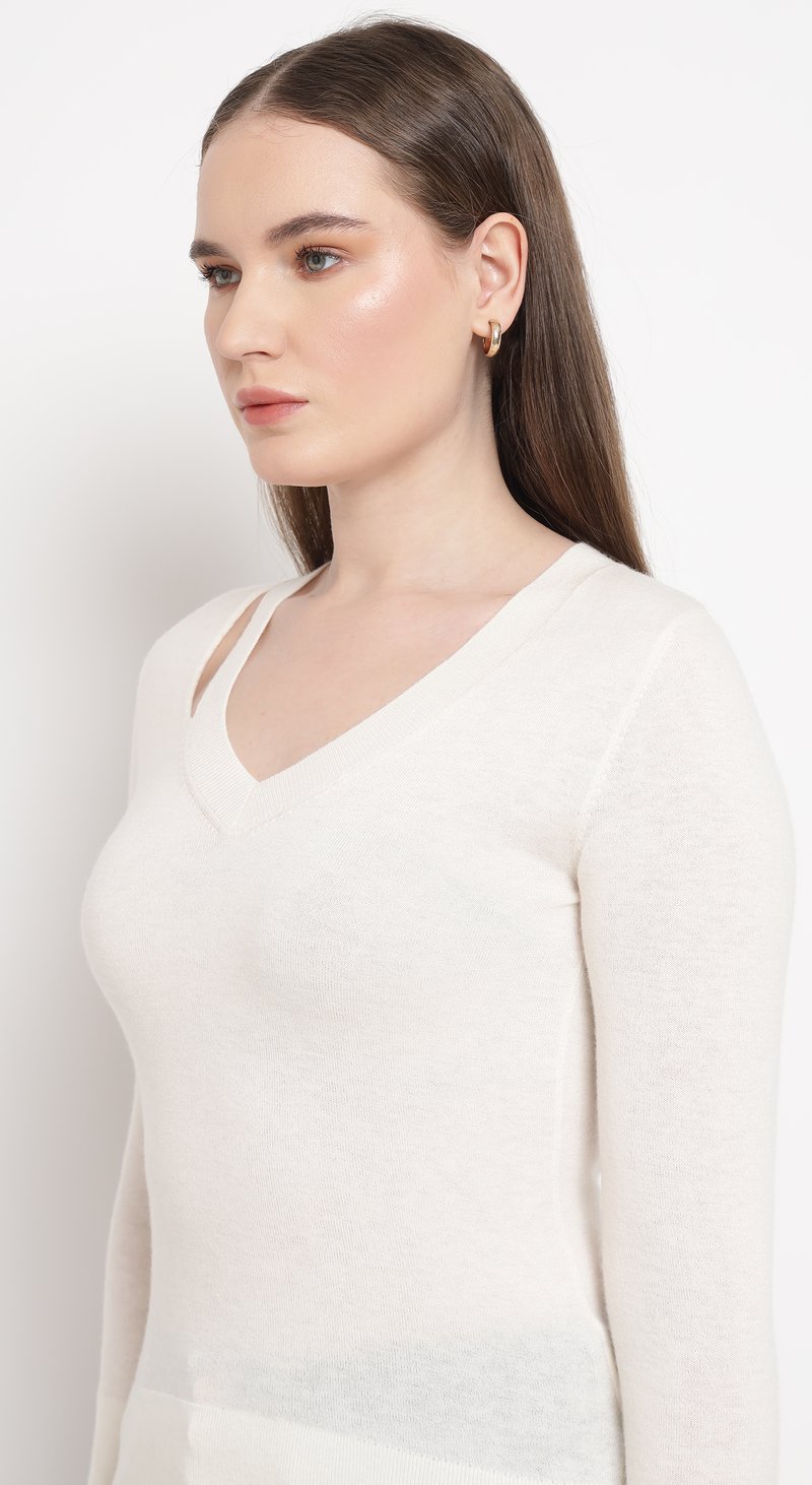 Light Beige V-Neck Slim Fit Sweater with Shoulder Cut-Out