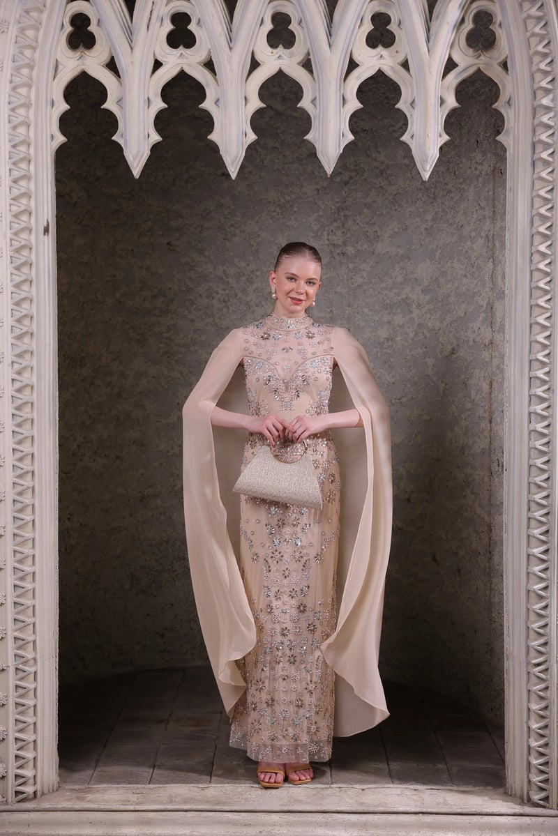 Cream Hand-Embellished Cape Maxi Gown