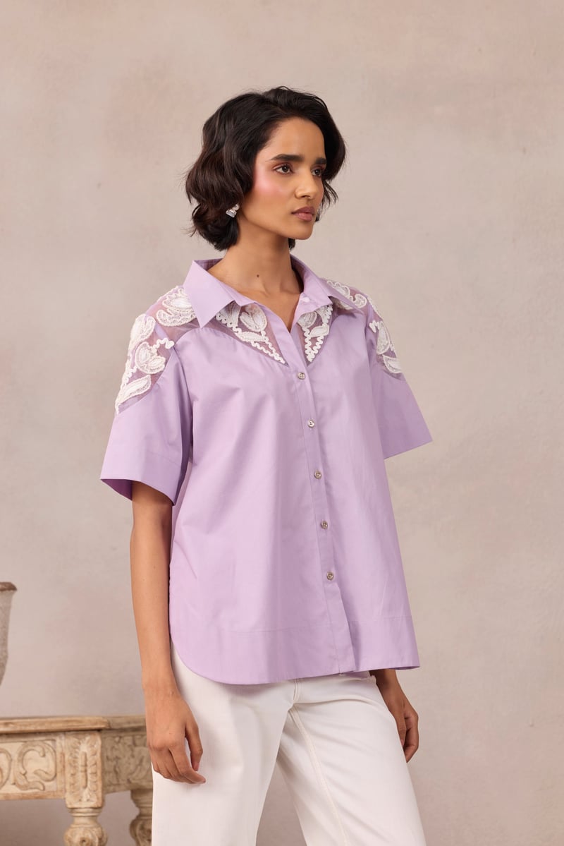 Sweet Lavender Cotton Poplin Shirt With Embroidered Yoke