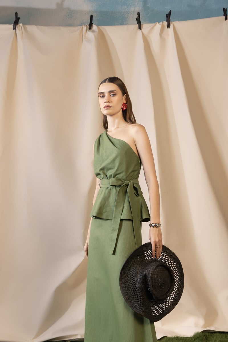 Green One-Shoulder Peplum Top and Maxi Skirt Co-ord Set