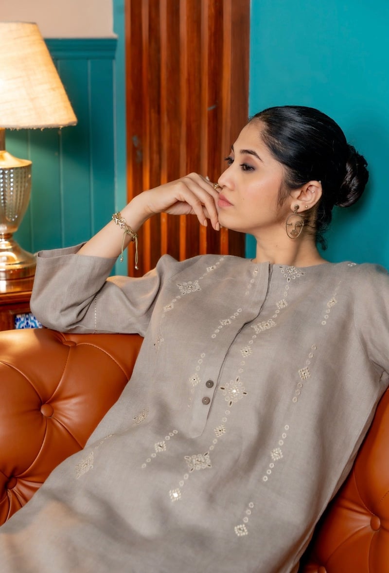 Fossil Grey Linen Kurta Set with Tonal Embroidery