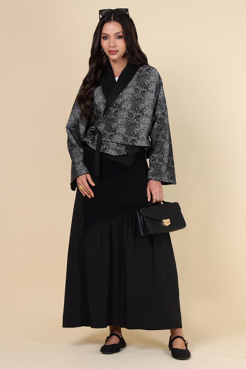 Black/Grey Cropped Wrap Jacket with Lapel Collar