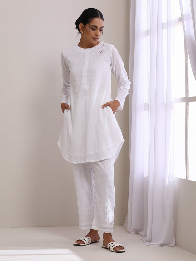 White Cotton Dobby Kurta and Pants Co-ord Set