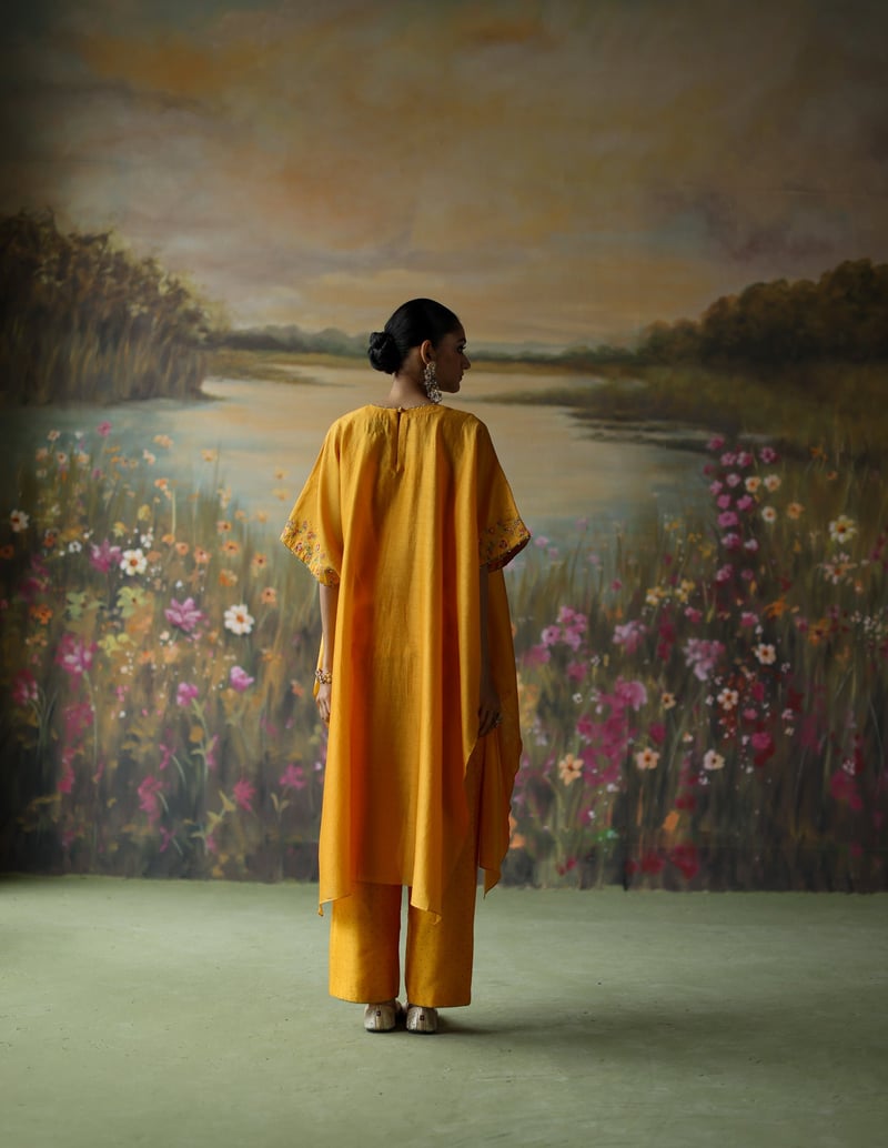 Turmeric Silk Chanderi Kaftan Co-ord Set with Slip