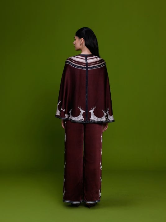 Burgundy Printed Zip-Front Cape Top Co-ord Set