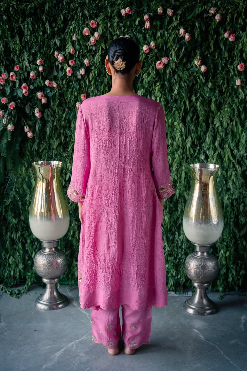 Pink Crushed Silk Embroidered Kurta Set with Dupatta