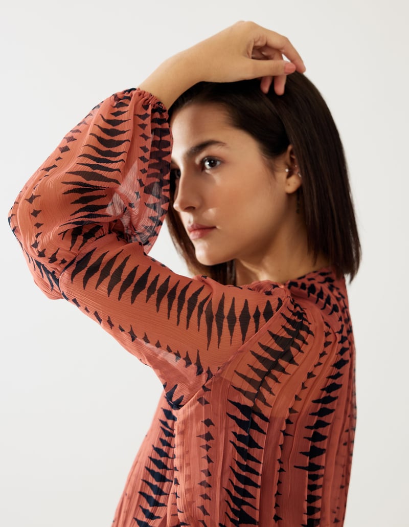 Pink And Dark Blue Pleated Top