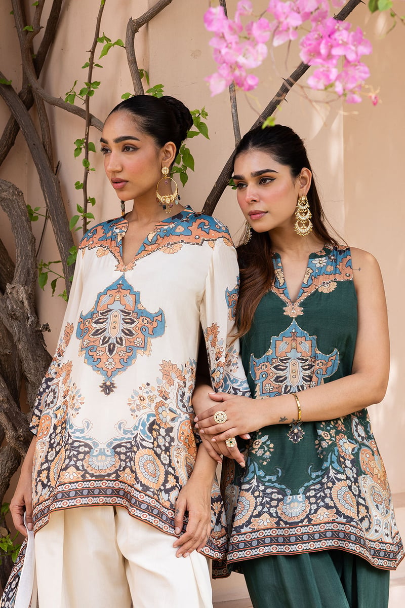 Ivory Mughal Print Muslin Kurta Set With Farshi Pants