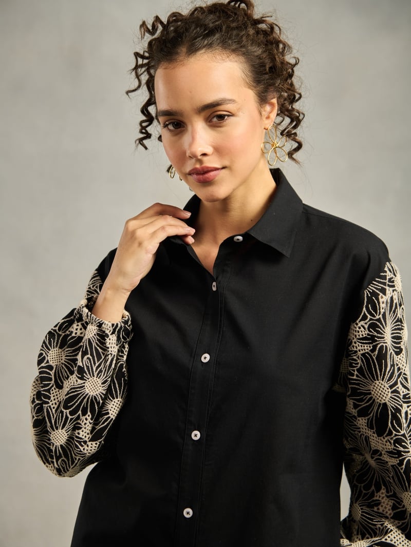 Black Cotton Schiffli Cutwork Sleeve Button-Down Shirt