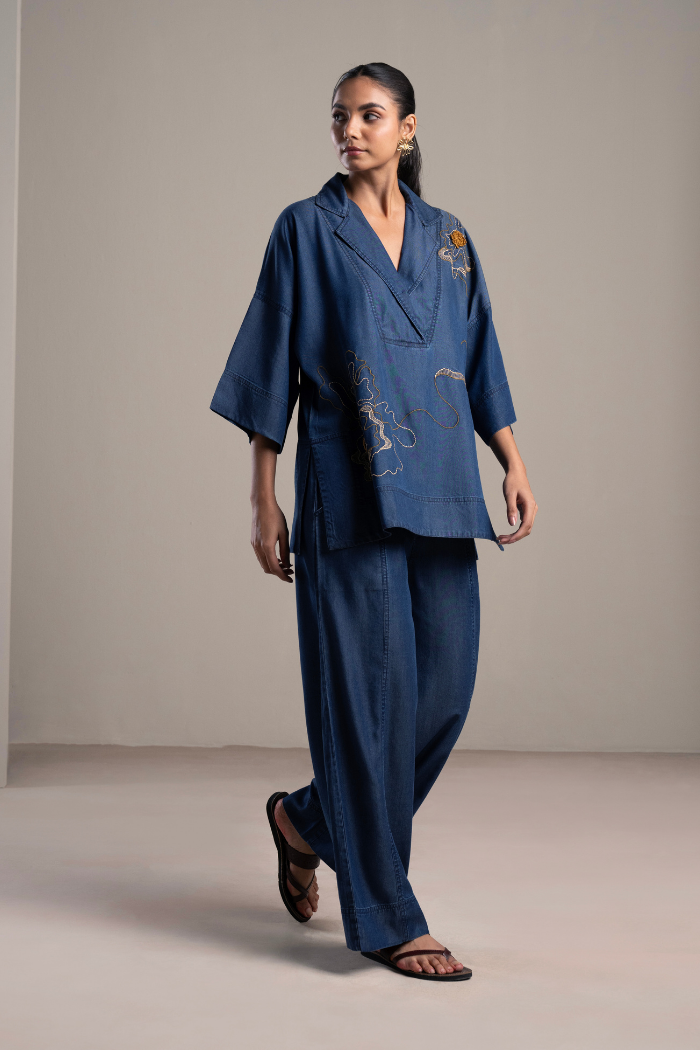 Blue Anti-Fit Lapel Shirt and Wide-Leg Pants Co-ord Set