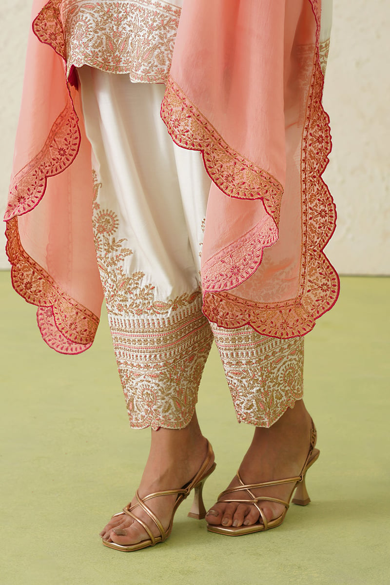 Cream Embroidered Kurta Set with Peach Organza Dupatta