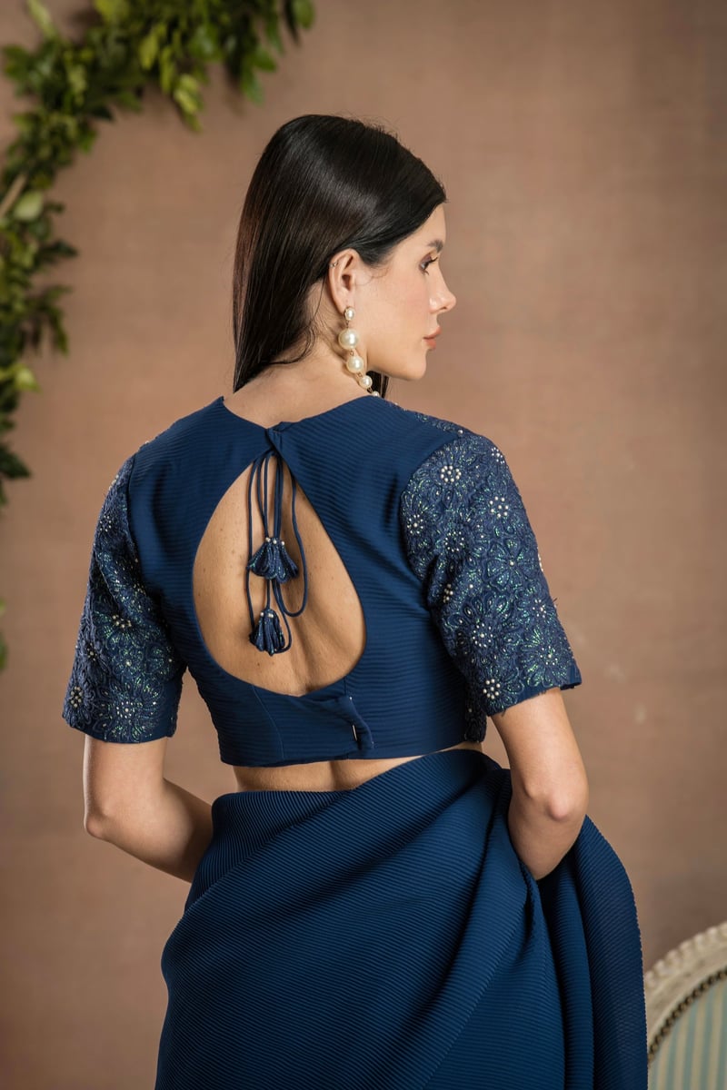 Navy Blue Pre-Draped Pleated Georgette Saree Set