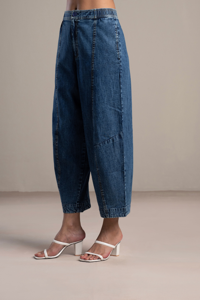 Blue and White Shirt and Denim Barrel Pants Co-ord Set