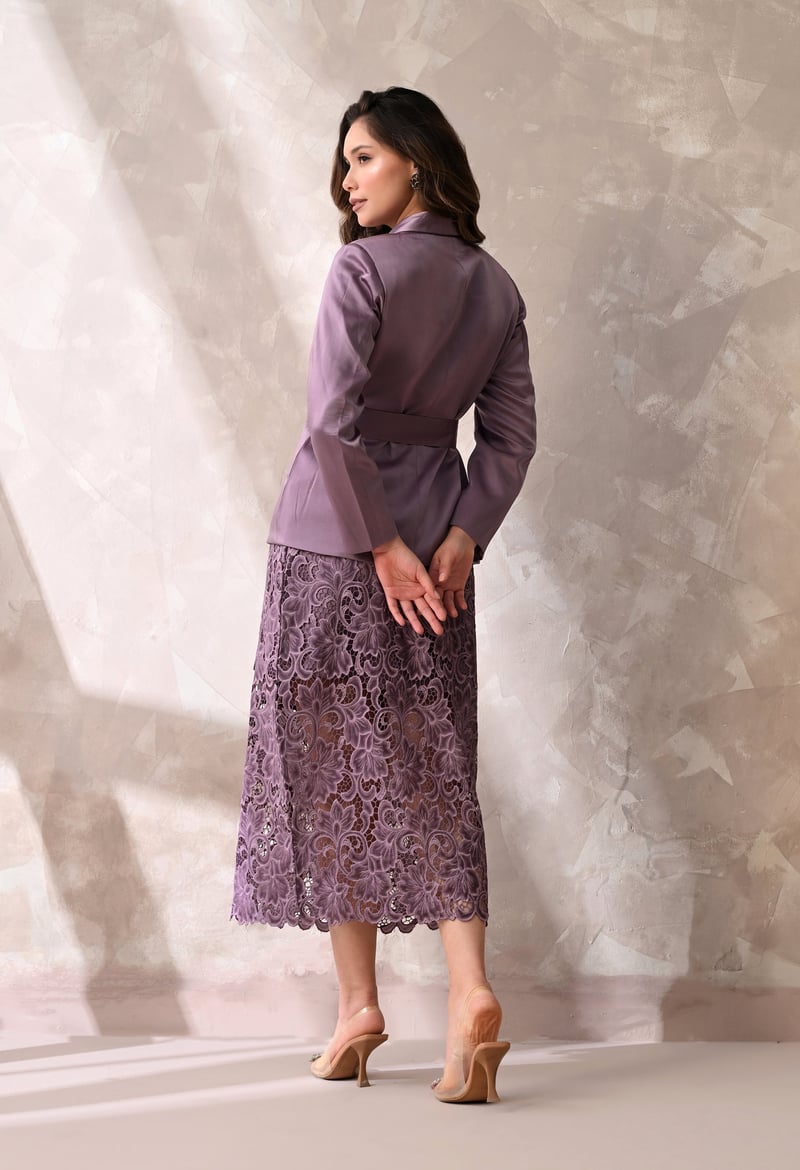 Mauve Wrap Blazer and Lace Midi Skirt Co-ord Set