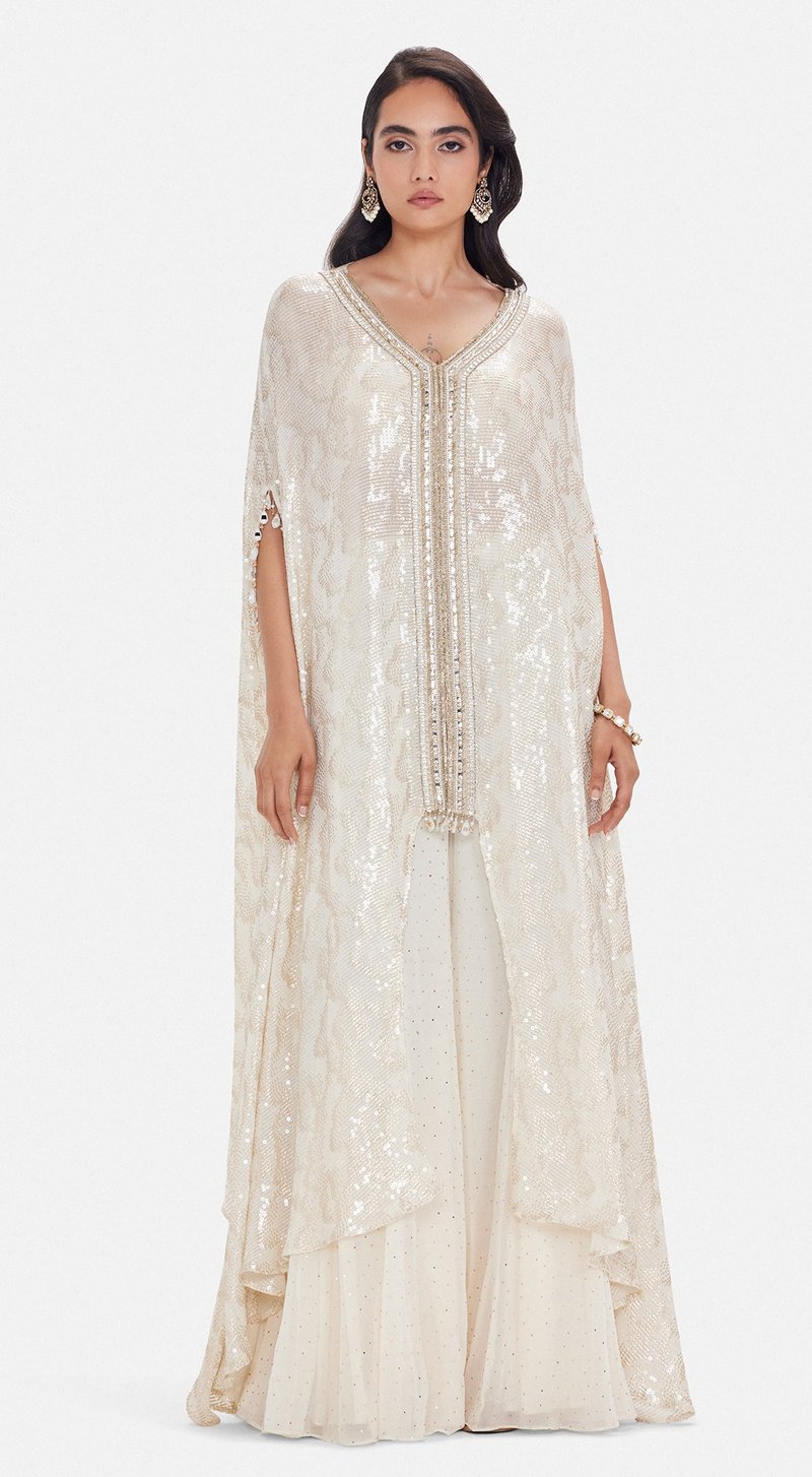 Ivory Sequin Cape, Bustier and Sharara Co-ord Set