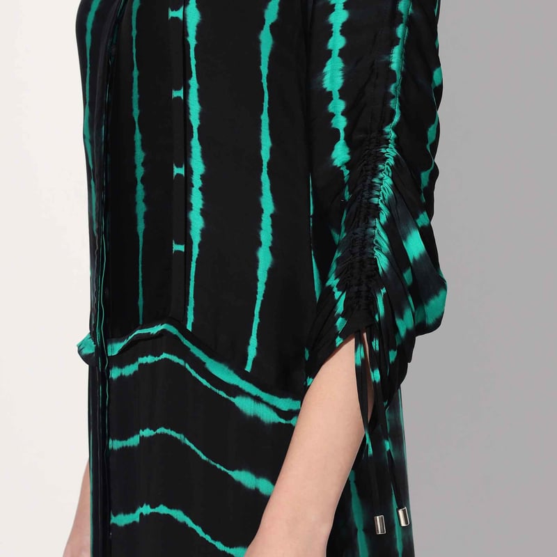 Green/Black Shibori Striped Satin Midi Shirtdress