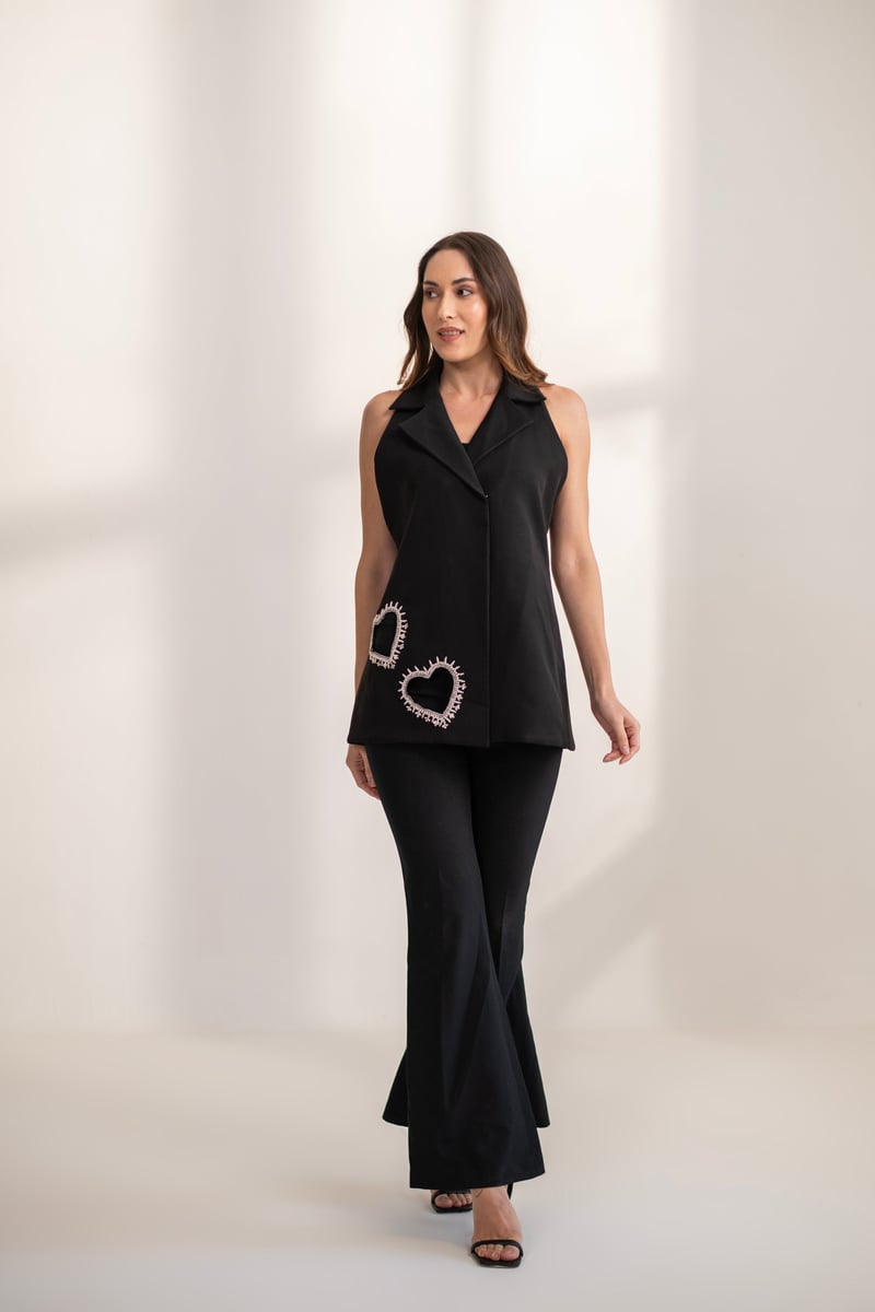 Black Lapel-Collar Top and Flared Pants Co-ord Set