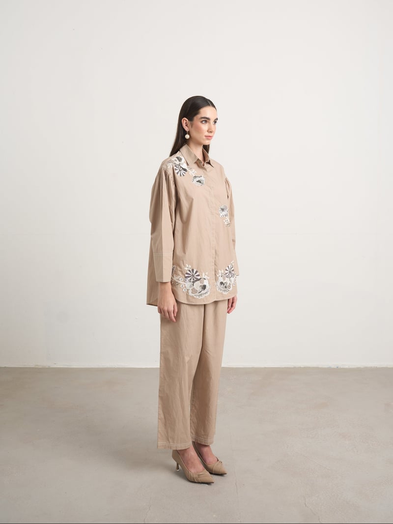 Beige Embroidered Cotton Shirt and Pants Co-ord Set