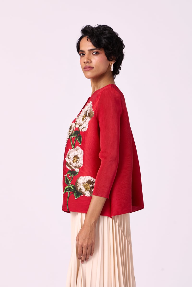 Red Pleated Floral Button-Down Shirt with Pearl Accents