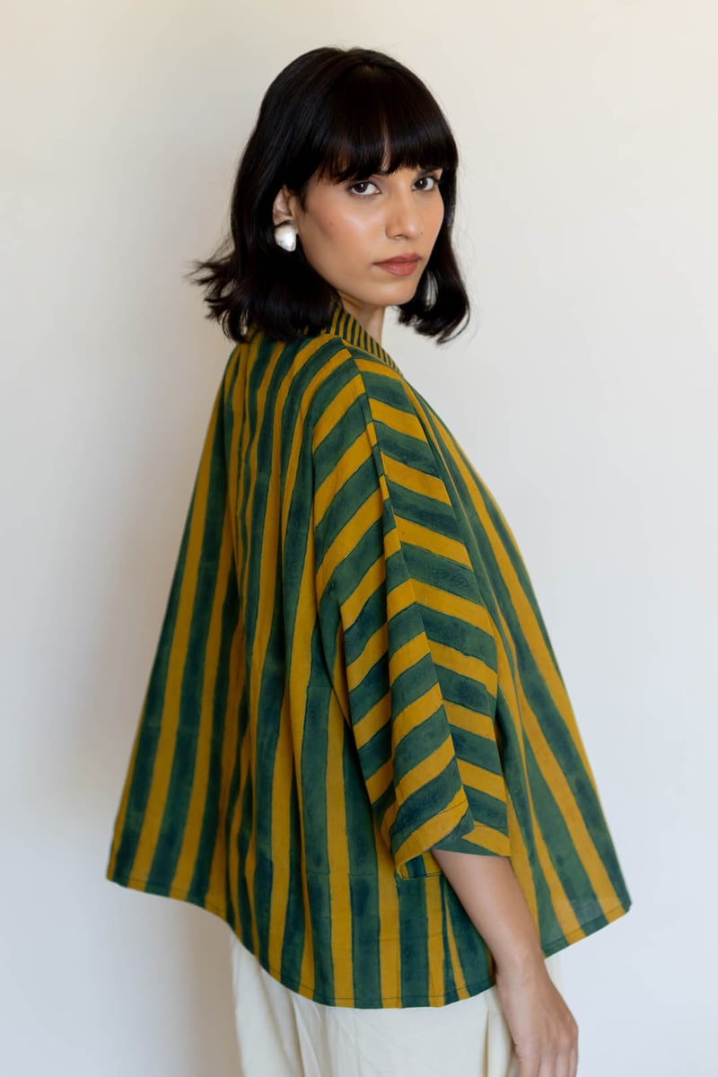 Moss Leaf Cotton Striped Open-Front Cape Shrug