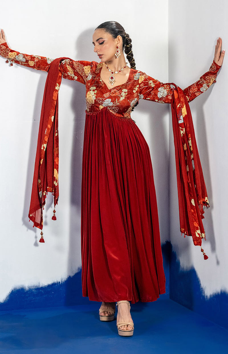 Maroon Embroidered Anarkali Kurta Set with Dupatta