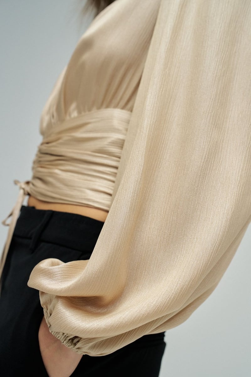 Gold Metallic Ruched Waist Tie-Up Wrap Blouse