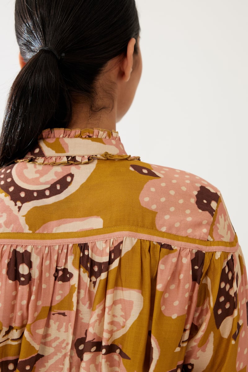 Mustard And Pink Floral Frill Collar Shirt