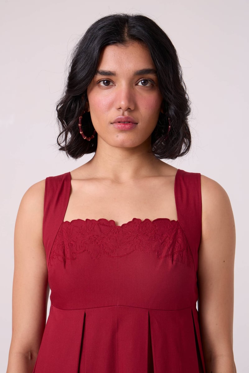 Wine Red Embroidered Neckline Fit and Flare Midi Dress