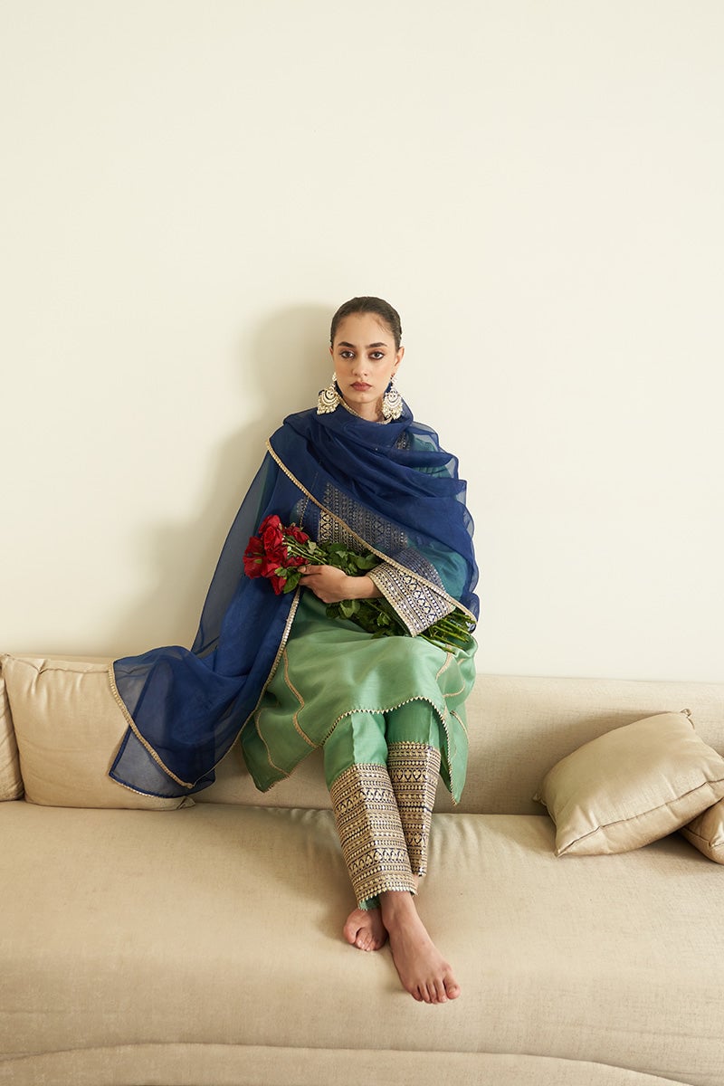 Green Silk Chanderi Kurta Set with Navy Dupatta