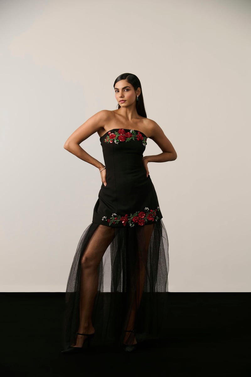 Black Strapless Embellished Mini Dress and Sheer Overskirt Set