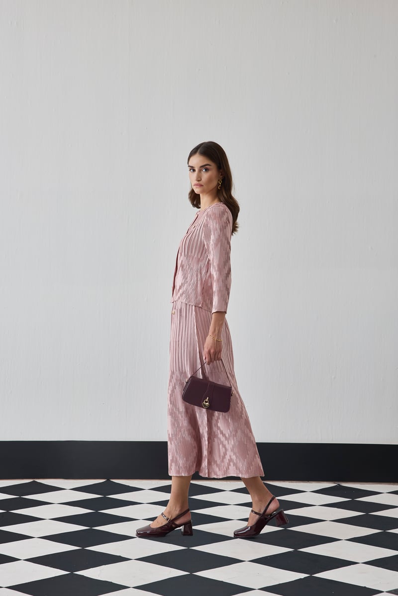 Nude Pink Pleated Printed Top and Midi Skirt Co-ord Set