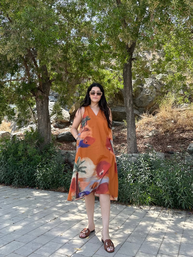Rust Abstract Floral Printed Cotton Midi Dress with Pockets