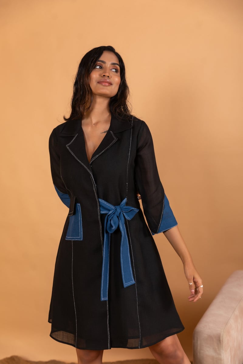 Black and Blue Colorblocked Linen-Blend Mini Shirt Dress
