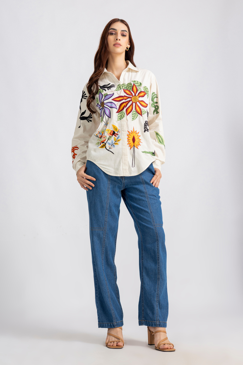 Beige Cotton Poplin Embroidered Button-Down Shirt