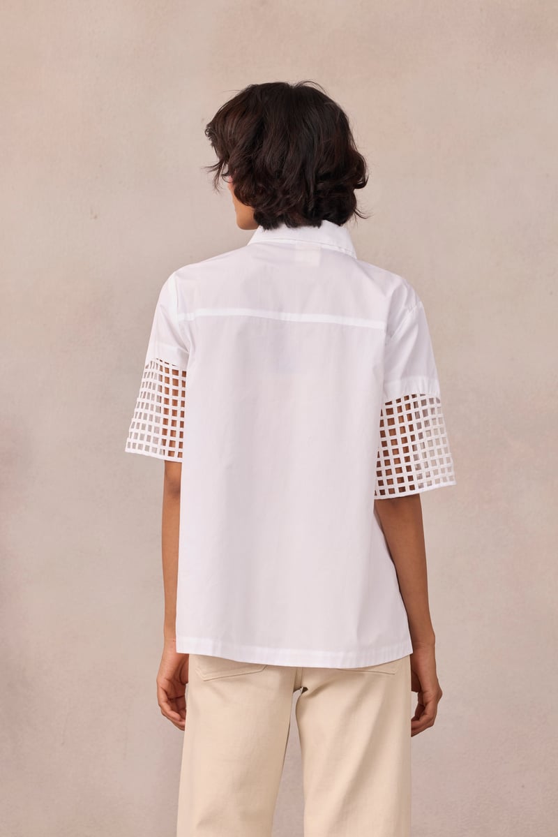 Bright White Poplin Shirt with Geometric Sleeve Cutwork