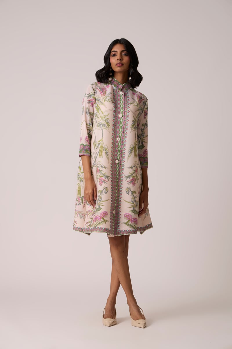 Blush Pink Floral Pleated Tunic Dress with Button Front