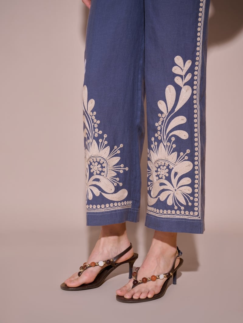 Blue High-Rise Wide-Leg Embroidered Trousers