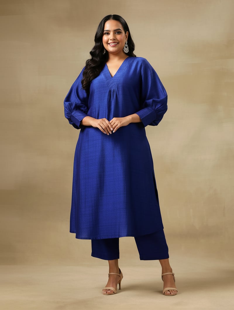 Blue Textured V-Neck Puff Sleeve Kurta Pant Set